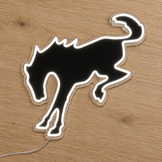Ford Bronco Horse Neon Sign, featuring illuminated vehicle logo on a wooden surface viewed at an angle.