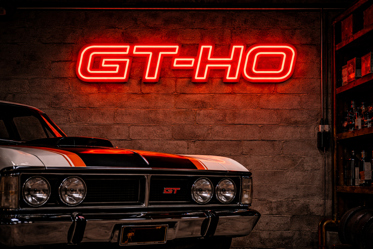 Ford Falcon GT-HO LED Neon Sign on a garage wall with a Ford Falcon Car in front