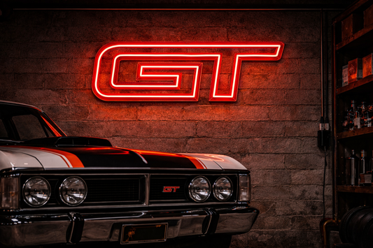 Ford GT LED neon sign glowing on a garage wall, bold performance car inspired neon light for enthusiasts