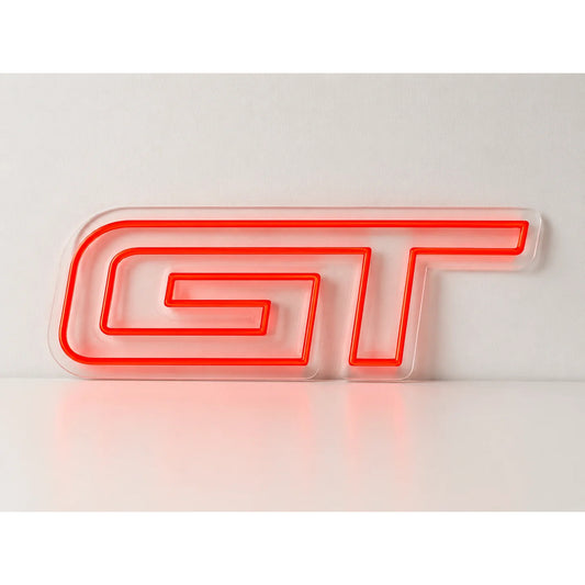 Ford GT Neon Sign in red, featuring GT lettering on a light wall.