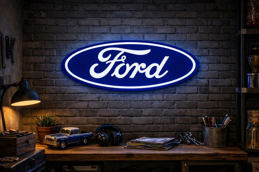 Ford logo LED neon sign glowing on a garage wall, bold automotive badge neon light for car enthusiasts