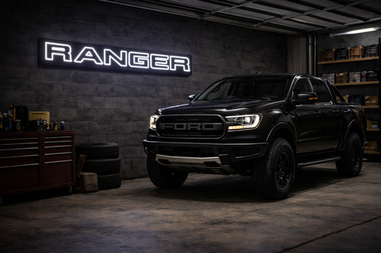 Ford Ranger LED neon sign glowing on a garage wall, 4x4 inspired automotive neon light