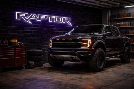 Ford Ranger Raptor LED neon sign glowing in a modern garage, bold 4x4 wall mounted neon light