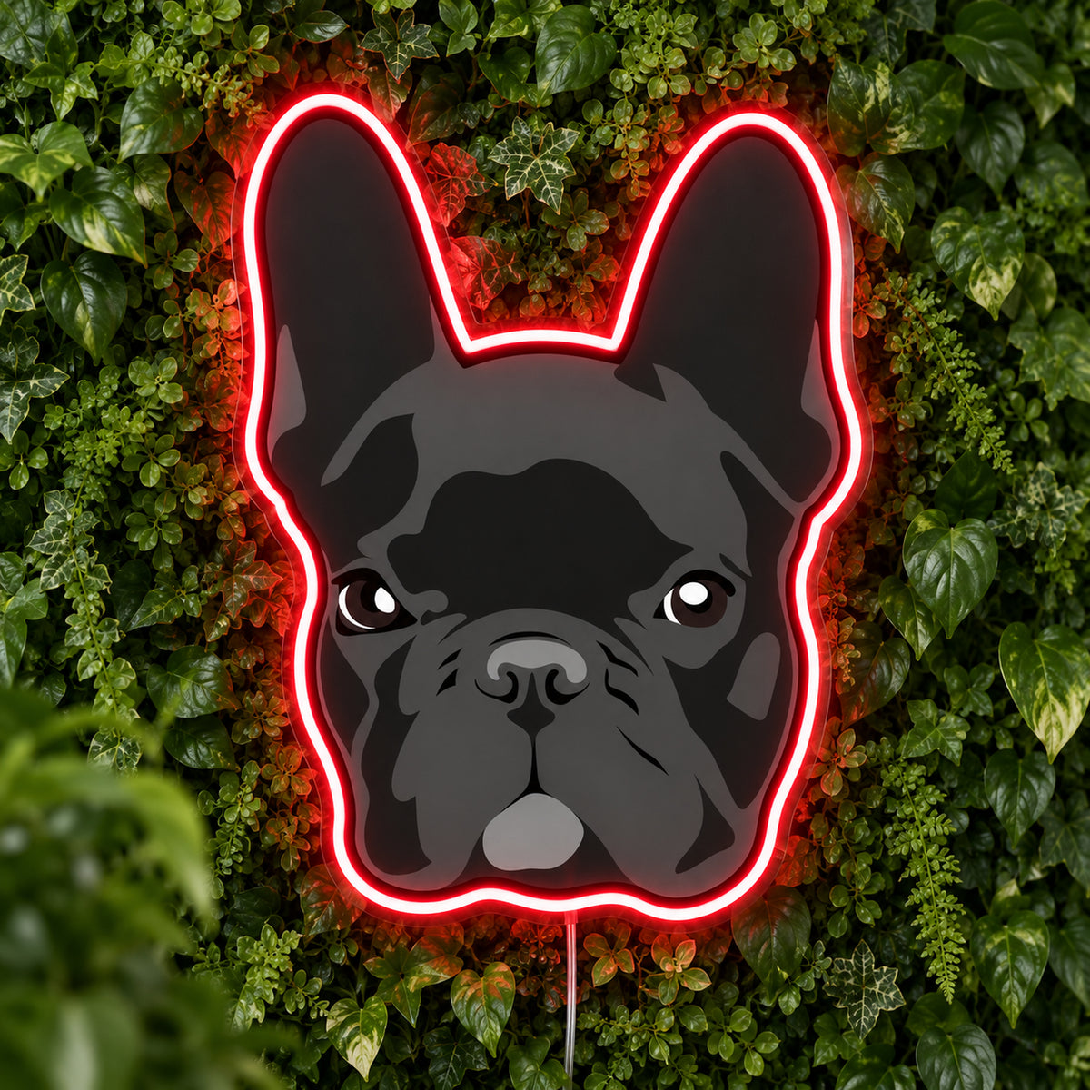 French Bulldog (Dark) LED Neon Sign in red, featuring a dark French bulldog face with a glowing outline against foliage.