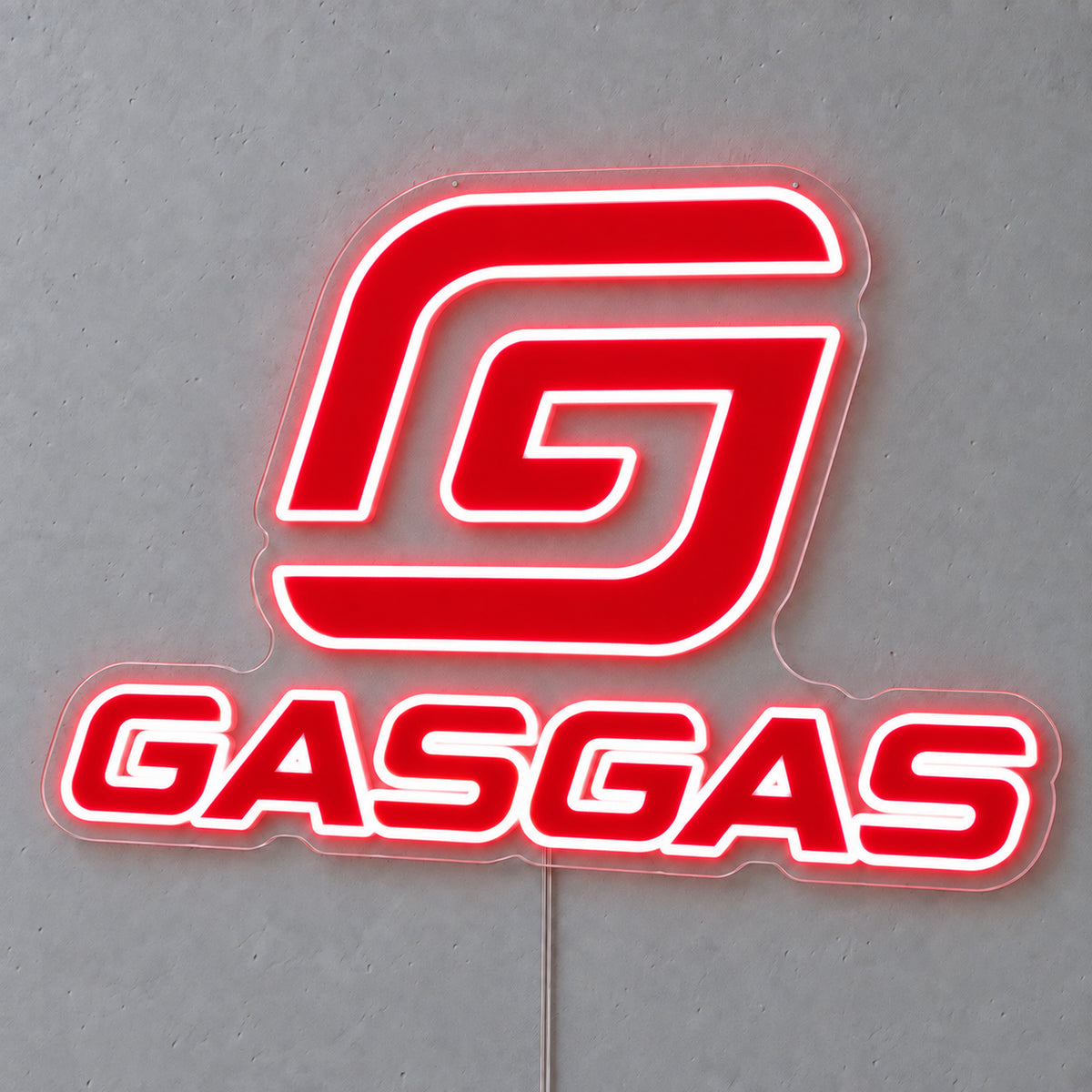 GasGas (Red) LED Neon Sign, featuring illuminated vehicle logo on a light background.