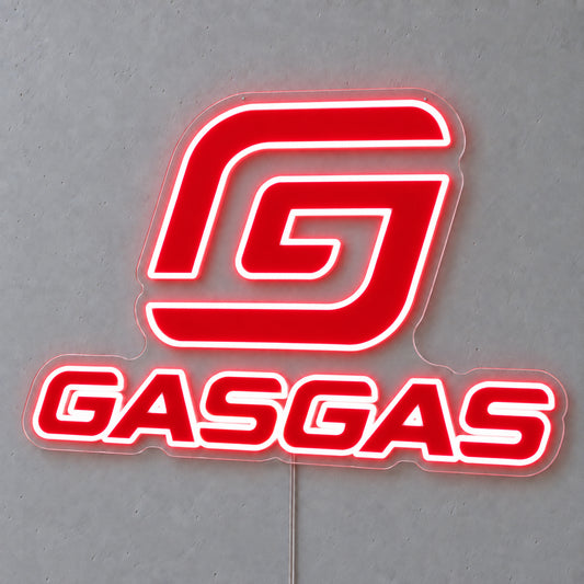 GasGas (Red) LED Neon Sign, featuring illuminated vehicle logo on a light background.