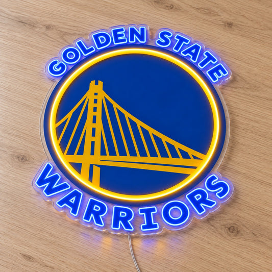 Golden State Warriors LED Neon Sign, featuring illuminated team logo on a wooden surface.
