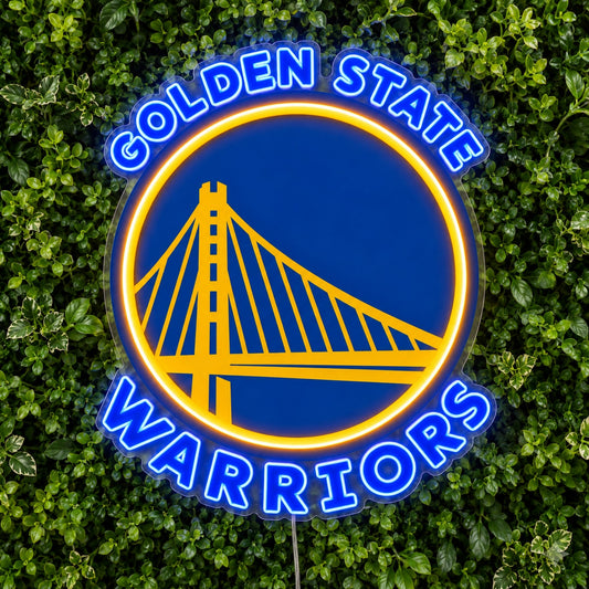 Golden State Warriors LED Neon Sign, featuring illuminated team logo on a green foliage wall.