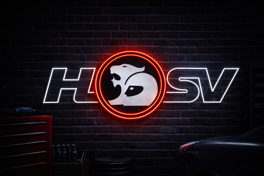 HSV Holden Special Vehicles LED neon sign glowing in an Aussie performance car garage