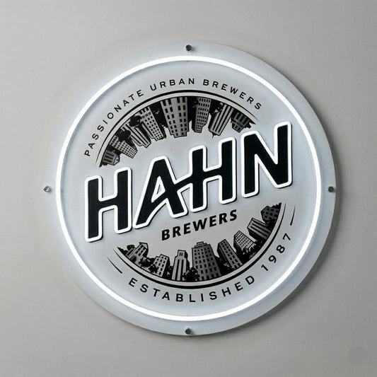Hahn SuperDry Neon Sign, featuring illuminated beer-brand logo on a light background.