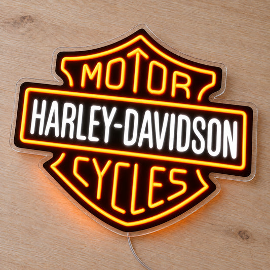 Harley-Davidson LED Neon Sign, featuring illuminated vehicle logo on a wooden surface.