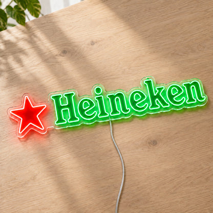 Heineken LED Neon Sign, featuring beer-brand logo displayed on a wooden surface.