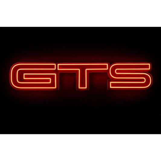 Holden GTS Neon Sign in red, featuring GTS lettering against a dark background.