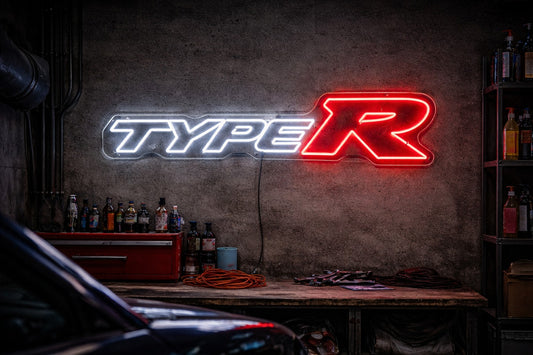 Honda Civic Type R LED neon sign mounted in a workshop, bright JDM performance wall feature