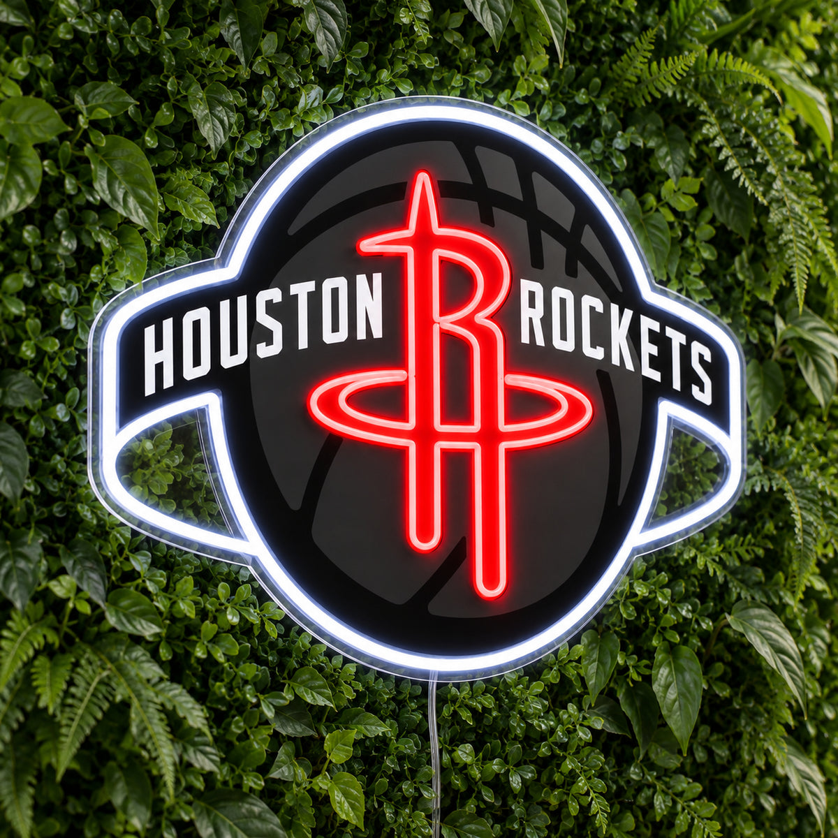 Houston Rockets LED Neon Sign, featuring illuminated team logo on a green foliage wall.