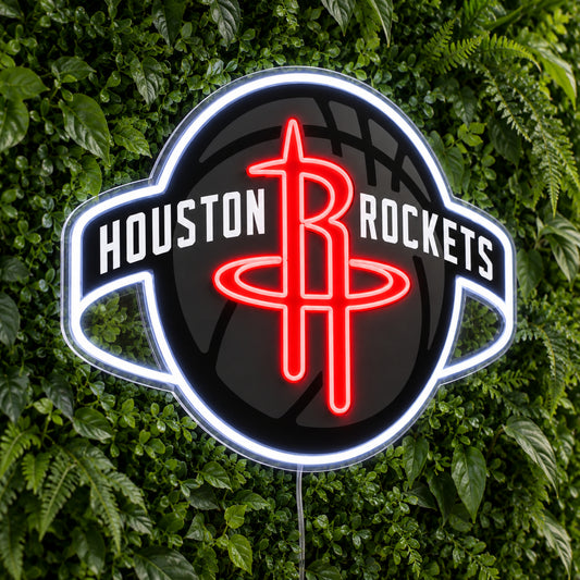 Houston Rockets LED Neon Sign, featuring illuminated team logo on a green foliage wall.