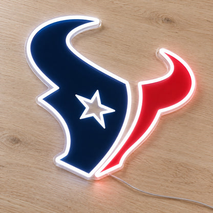 Houston Texans LED Neon Sign, featuring team logo displayed on a wooden surface.