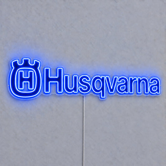 Husqvarna LED Neon Sign, featuring illuminated vehicle logo on a light background.
