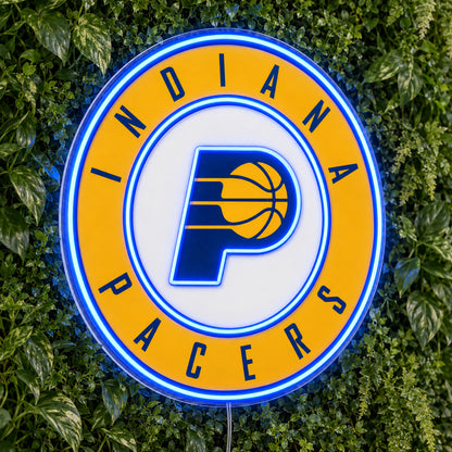 Indiana Pacers LED Neon Sign, featuring illuminated team logo on a green foliage wall.