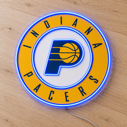 Indiana Pacers LED Neon Sign, featuring illuminated team logo on a wooden surface.