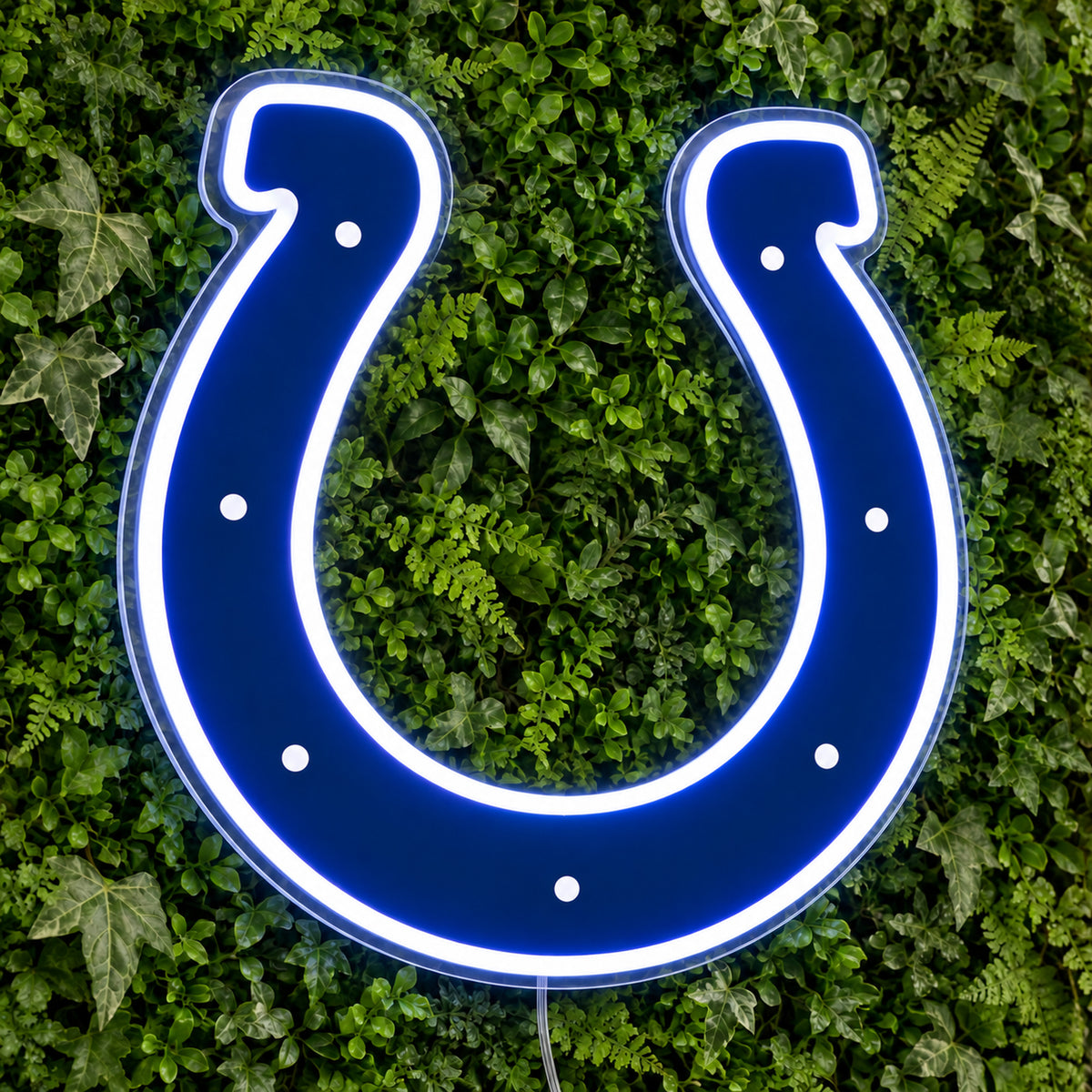 Indianapolis Colts LED Neon Sign, featuring team logo displayed on a green foliage wall.