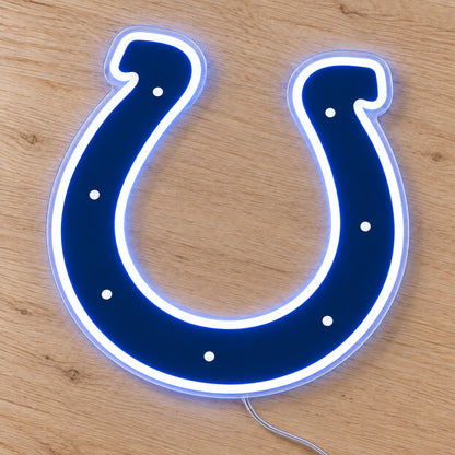 Indianapolis Colts LED Neon Sign, featuring team logo displayed on a wooden surface.