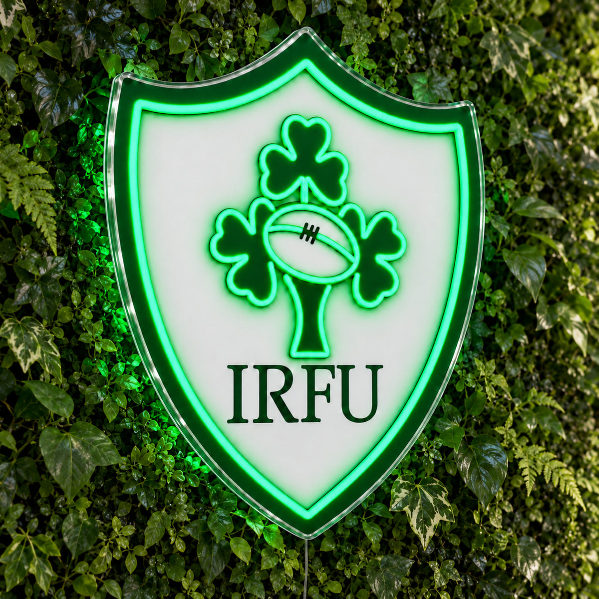 Ireland Rugby LED Neon Sign, featuring team logo displayed on a green foliage wall.
