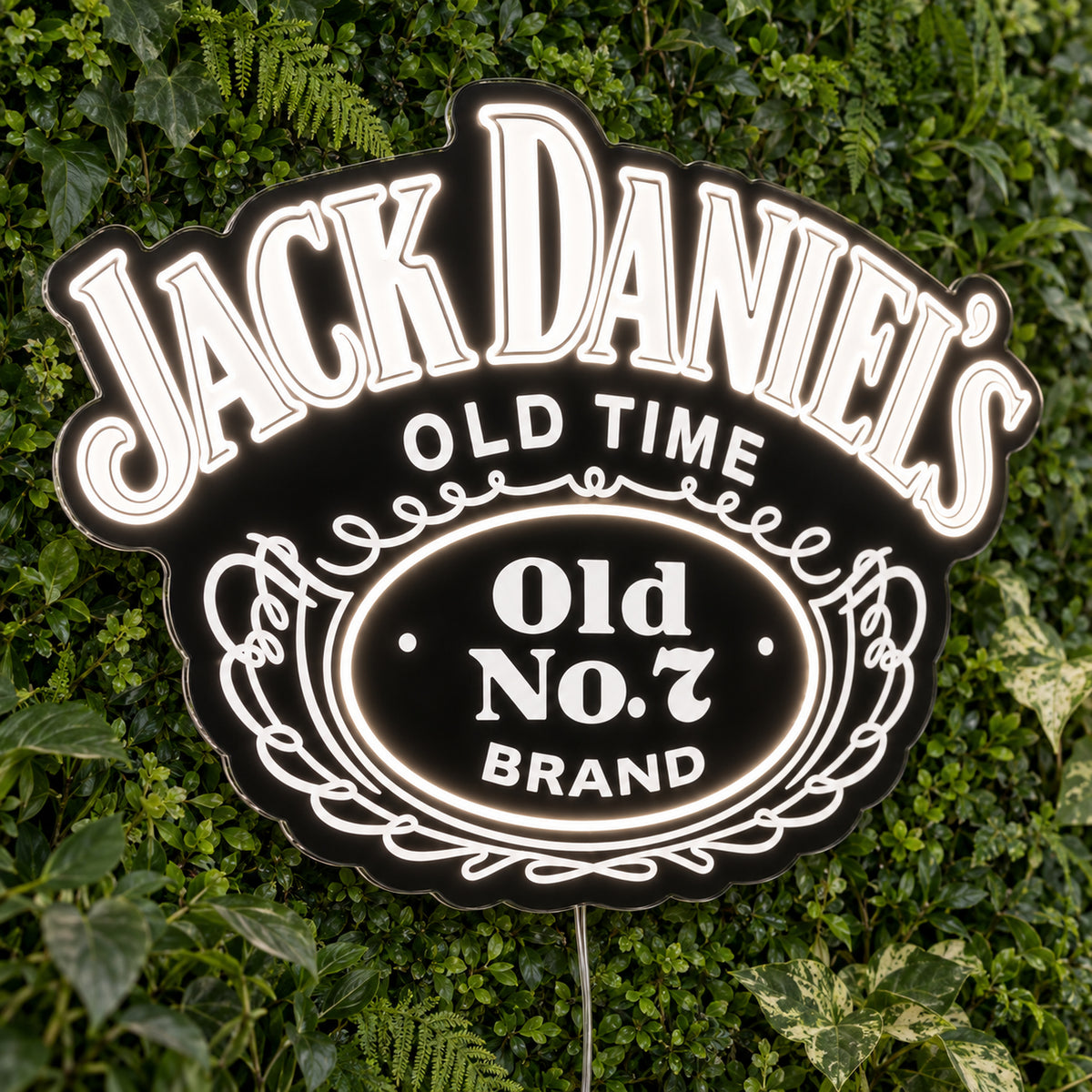 Jack Daniels LED Neon Sign, featuring illuminated brand logo on a green foliage wall.