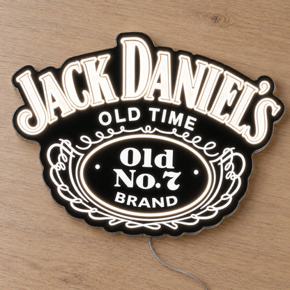 Jack Daniels LED Neon Sign, featuring illuminated brand logo on a wooden surface.