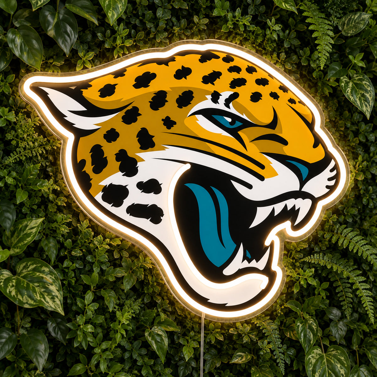 Jacksonville Jaguars LED Neon Sign, featuring team logo displayed on a green foliage wall.