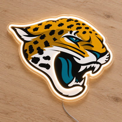 Jacksonville Jaguars LED Neon Sign, featuring team logo displayed on a wooden surface.