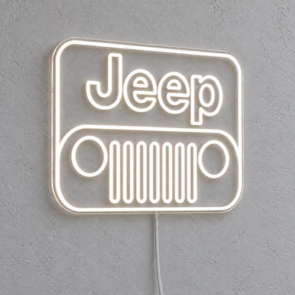 Jeep Grille LED Neon Sign in warm white, featuring a Jeep grille emblem on a grey wall.