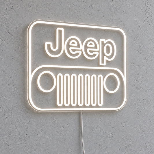 Jeep Grille LED Neon Sign in warm white, featuring a Jeep grille emblem on a grey wall.