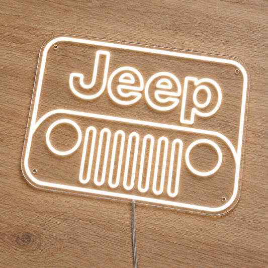 Jeep Grille LED Neon Sign in warm white, featuring a Jeep grille emblem on a wooden surface.