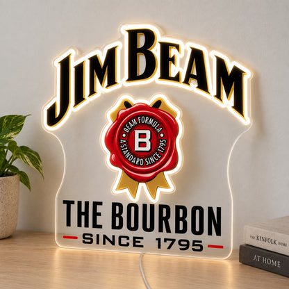Jim Beam LED Neon Sign, featuring illuminated brand logo on a light surface.