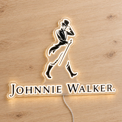 Johnnie Walker LED Neon Sign, featuring illuminated brand logo on a wooden surface.