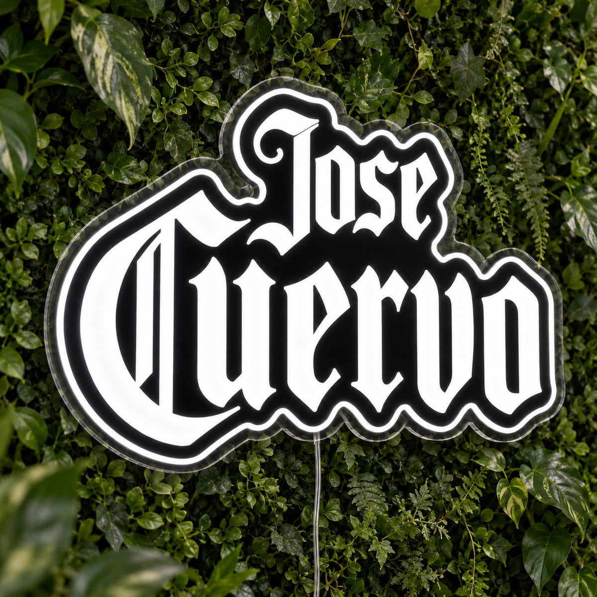 Jose Cuervo LED Neon Sign, featuring illuminated brand logo on a green foliage wall.