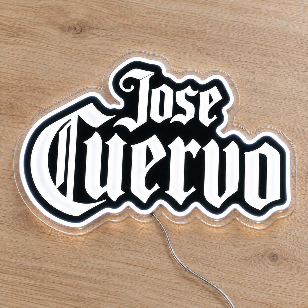 Jose Cuervo LED Neon Sign, featuring illuminated brand logo on a wooden surface.
