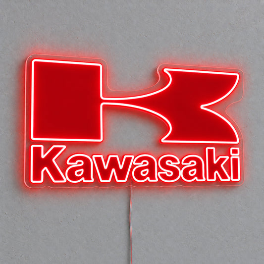 Kawasaki LED Neon Sign, featuring illuminated vehicle logo on a light background.