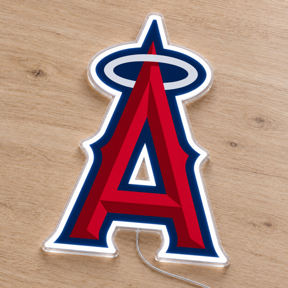 LA Angels LED Neon Sign, featuring team logo displayed on a wooden surface.