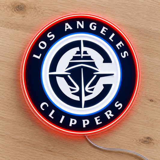 LA Clippers LED Neon Sign, featuring illuminated team logo on a wooden surface.