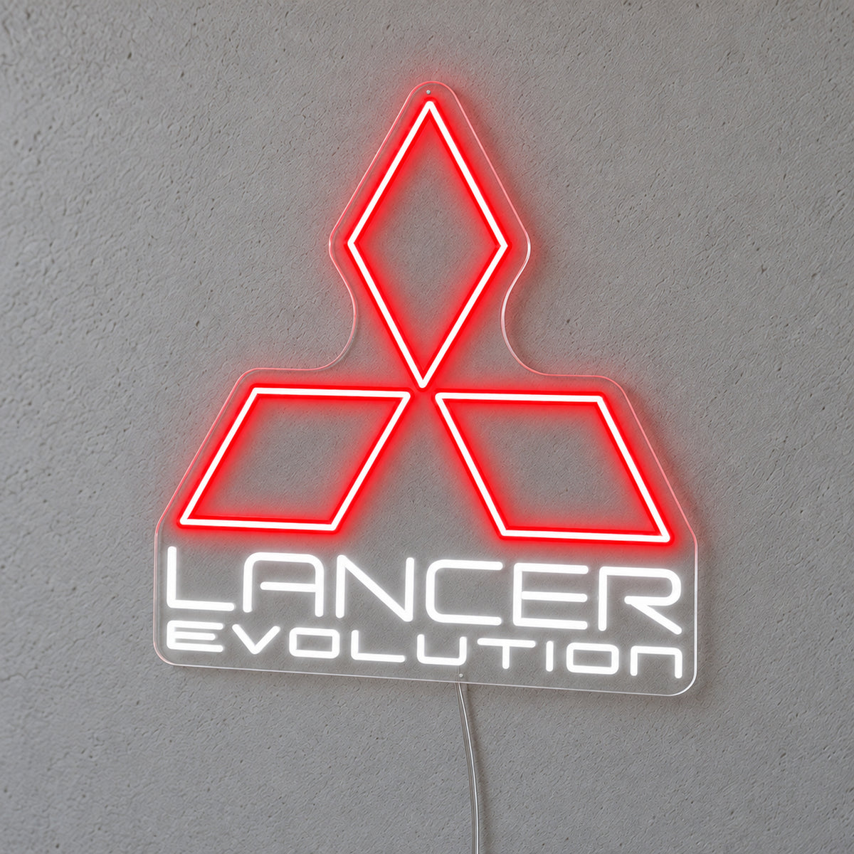 Lancer Evolution Logo LED Neon Sign in red and white, featuring Mitsubishi emblem above Lancer Evolution lettering on a grey wall.