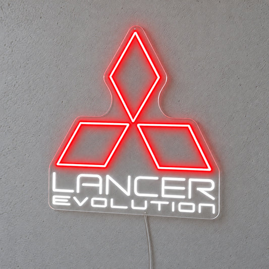 Lancer Evolution Logo LED Neon Sign in red and white, featuring Mitsubishi emblem above Lancer Evolution lettering on a grey wall.