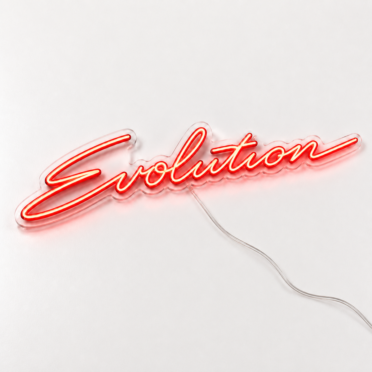 Lancer Evolution LED Neon Sign in red, featuring Evolution script lettering on a white surface.