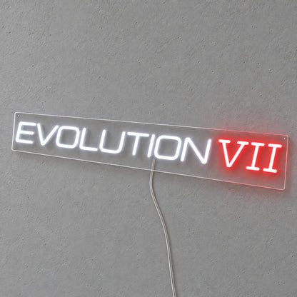 Lancer Evolution VII LED Neon Sign in white and red, featuring Evolution VII lettering on a grey wall.