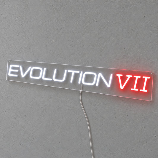 Lancer Evolution VII LED Neon Sign in white and red, featuring Evolution VII lettering on a grey wall.