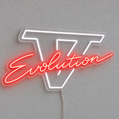 Lancer Evolution V LED Neon Sign in red and white, featuring Evolution script over a Roman numeral V on a grey wall.