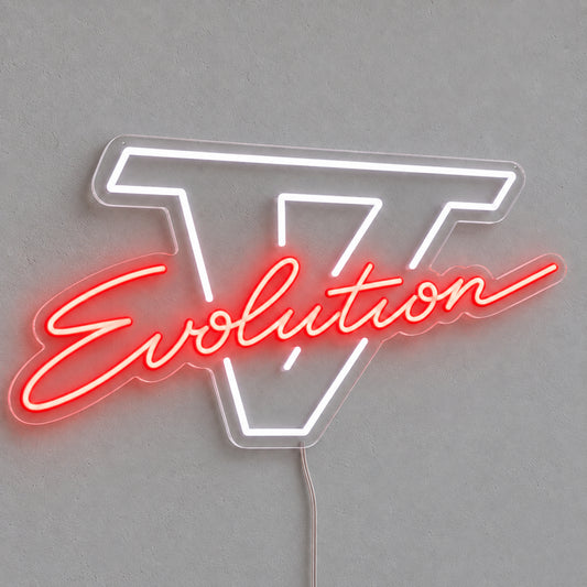 Lancer Evolution V LED Neon Sign in red and white, featuring Evolution script over a Roman numeral V on a grey wall.