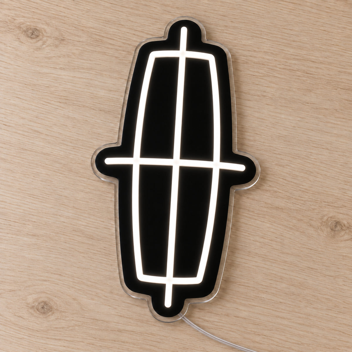 Lincoln LED Neon Sign, featuring illuminated vehicle logo on a wooden surface.