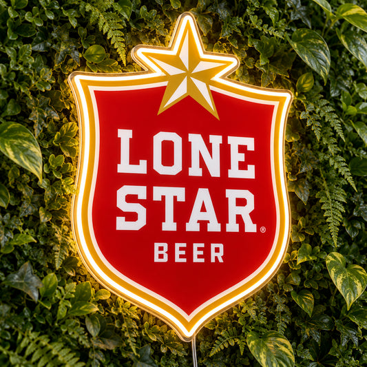 Lone Star Beer LED Neon Sign, featuring beer-brand logo displayed on a green foliage wall.